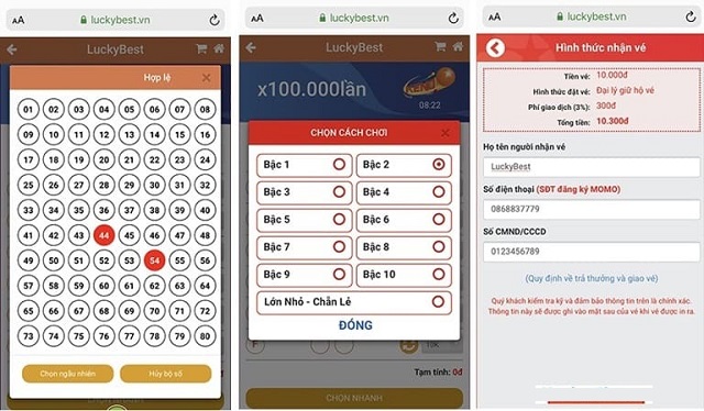 Hoàn thành việc chọn số, bậc chơi và phần thông tin cá nhân rồi xác minh thanh toán vé số