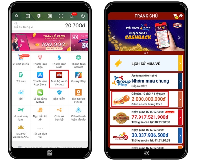 Nhấn chọn mục mua hộ vé số, Keno trên trang chủ